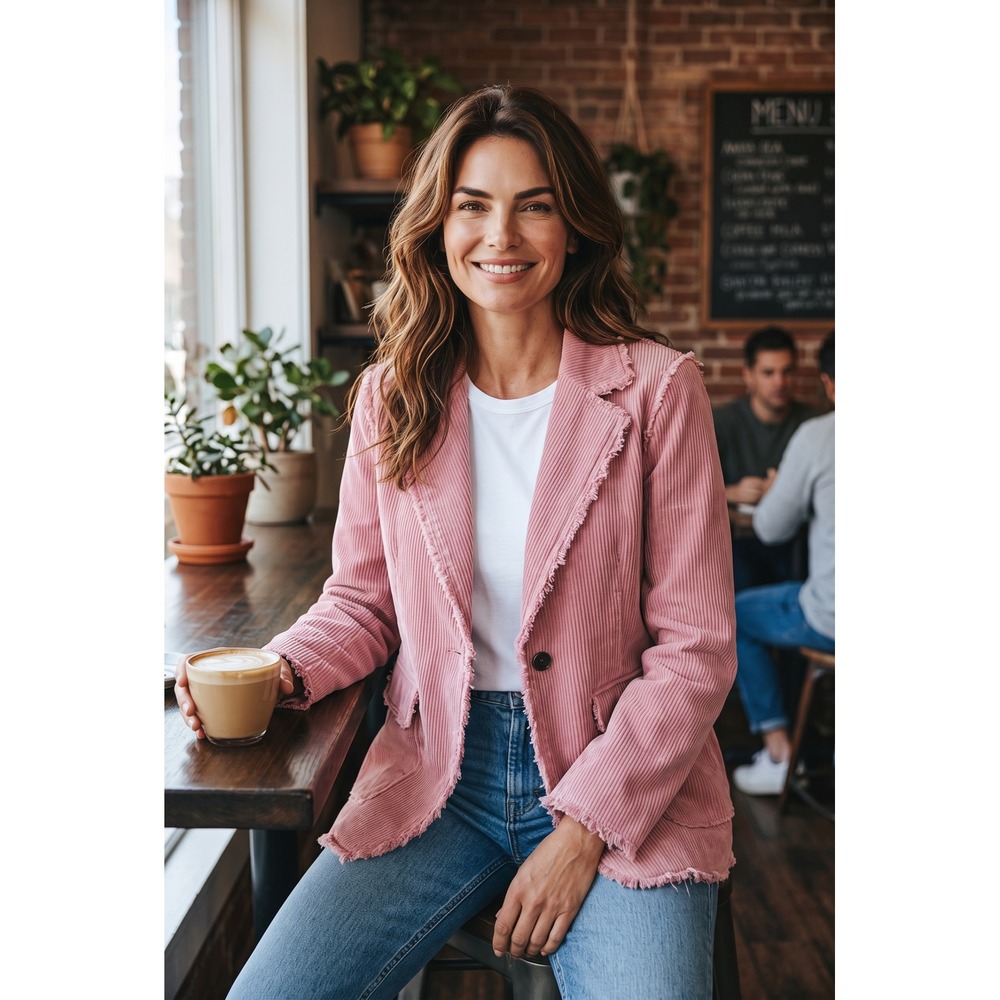 POL Pink Corduroy Frayed Raw Edge Blazer Jacket FWJ74B Womens Large